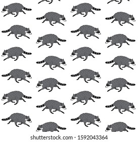Vector seamless pattern of colored hand drawn doodle sketch raccoon isolated on white background