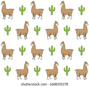 Vector seamless pattern of colored hand drawn doodle sketch llama alpaca and cactus isolated on white background