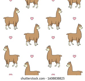 Vector seamless pattern of colored hand drawn doodle sketch llama alpaca and hearts isolated on white background