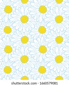 Vector seamless pattern of colored hand drawn doodle sketch daisy chamomile flower isolated on blue background