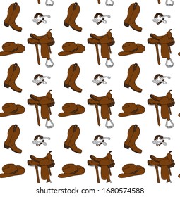 Vector seamless pattern of colored hand drawn doodle sketch western cowboy equestrian horse equipment isolated on white background