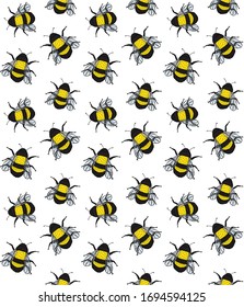 Vector seamless pattern of colored hand drawn doodle sketch bumblebee bee isolated on white background
