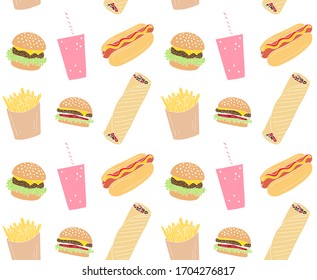 Vector seamless pattern of colored hand drawn doodle sketch fast food isolated on white background