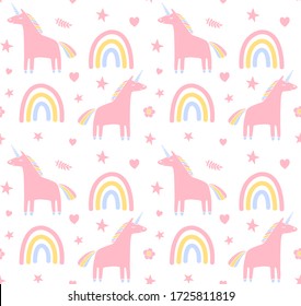 Vector seamless pattern of colored hand drawn doodle sketch unicorn and rainbow isolated on white background