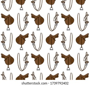 Vector seamless pattern of colored hand drawn doodle sketch equestrian horse bridle and saddle isolated on white background