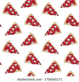 Vector seamless pattern of colored hand drawn doodle sketch mushroom pizza slice isolated on white background
