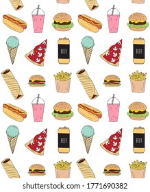 Vector seamless pattern of colored hand drawn doodle sketch fast food isolated on white background