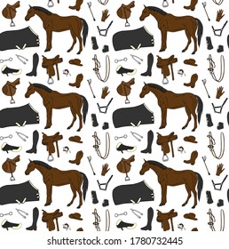 Vector seamless pattern of colored hand drawn doodle sketch horse riding equestrian equipment isolated on white background