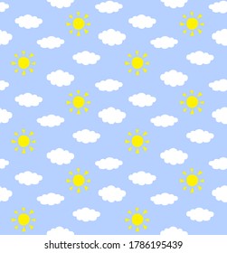 Vector seamless pattern of colored hand drawn doodle sketch clouds and sun isolated on blue background