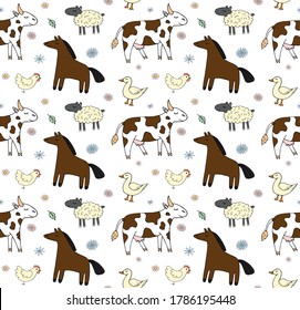 Vector seamless pattern of colored hand drawn doodle sketch farm domestic animals isolated on white background