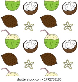 Vector seamless pattern of colored hand drawn doodle sketch different coconut isolated on white background