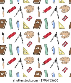 Vector seamless pattern of colored hand drawn doodle sketch school office chancellery on white background