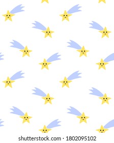 Vector seamless pattern of colored hand drawn doodle sketch flying star with face isolated on white background