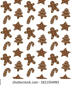 Vector seamless pattern of colored hand drawn doodle sketch ginger bread cookies isolated on white background
