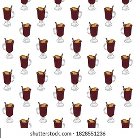 Vector seamless pattern of colored hand drawn doodle sketch mulled wine glass isolated on white background