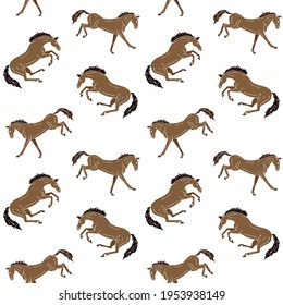 Vector seamless pattern of colored hand drawn doodle sketch kicking horse isolated on white background