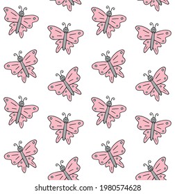 Vector Seamless Pattern Of Colored Hand Drawn Doodle Sketch Butterfly Butter Fly Isolated On White Background