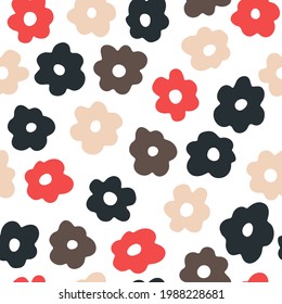 Vector seamless pattern with colored hand drawn flowers on white background. Doodle cute illustration for textile, clothes, wrapping paper, wallpaper, girlish and women design