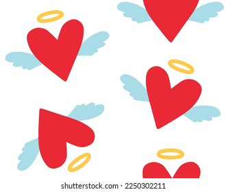 Vector seamless pattern of colored hand drawn flat heart with angel wings isolated on white background