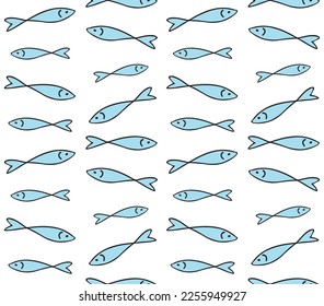 Vector seamless pattern of colored hand drawn sketch doodle fish isolated on white background