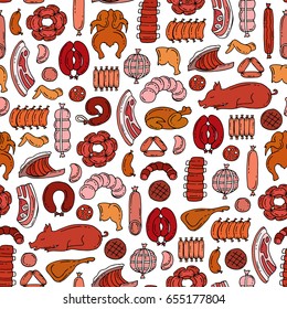 Vector seamless pattern with colored hand drawn sausage and meat products, pork, beef. Pattern on the theme of food. Background for use in design