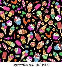 Vector seamless pattern with colored hand drawn ice cream and candies on black color. Pattern on the theme of food, confectionery. Background for use in design