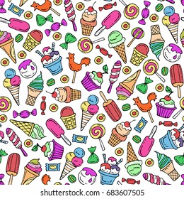 Vector seamless pattern with colored hand drawn ice cream and candies. Pattern on the theme of food, confectionery. Background for use in design