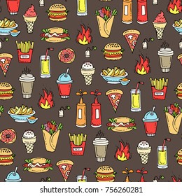 Vector seamless pattern with colored hand drawn burgers, drinks, sandwiches, ice cream. Pattern on the theme of fast food on brown color. Background for use in design