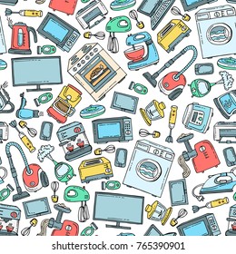 Vector seamless pattern with colored hand drawn household appliances and electronics on white color. Background for use in design
