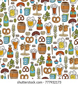 Vector seamless pattern with colored hand drawn symbols of beer. Pattern on the theme of drinks and food. Background for use in design
