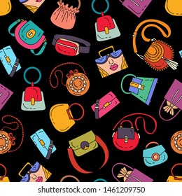 Vector seamless pattern with colored handbags on black color. Background on the theme of fashion and beauty