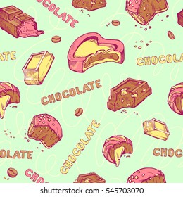 Vector seamless pattern of colored hand-drawn sketches bitten chocolates. Sweet rolls, bars, glazed, cocoa beans. handmade letters