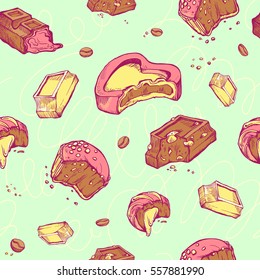 Vector seamless pattern of colored hand-drawn sketches bitten chocolates. Sweet rolls, bars, glazed, cocoa beans. 