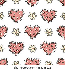 Vector seamless pattern colored hearts and flowers. Doodle hand drawing style. Rose colors palette 
