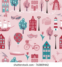 Vector seamless pattern of colored houses, flowers, trees, ship, bike, street lamp.Inscription for t shirts, posters, cards.