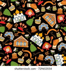 Vector seamless pattern with colored, isolated, hand drawn, national symbols of Russia on black color. Background for use in design