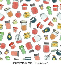 Vector seamless pattern of colored jam jars. Colorful vintage repeat background with preserved food in pots isolated on white background.  Watercolor effect
