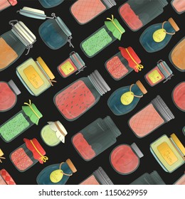 Vector seamless pattern of colored jam jars. Colorful vintage repeat background with preserved food in pots isolated on black background.  Watercolor effect