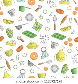 Vector seamless pattern of colored kitchen and baking tools. Repeat background with isolated colorful apron, cutlery, pie, donut, measuring cup, whisk, dish, spoon, pot, saucepan, cookie cutter, pin, 