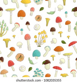 Vector seamless pattern of colored mushrooms. Repeat background with isolated bright aspen, orange-cup, champignon, chanterelle, toadstool, death cap, fungus. Food texture in cartoon style.