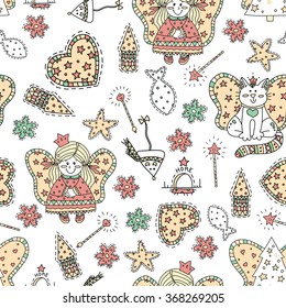 Vector seamless pattern colored object and personage. Winged cat, fat angel, fish, mouse, Magic wand. Doodle hand drawing style