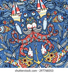 vector  seamless pattern with colored old octopuses, fishes, boats and other nautical elements