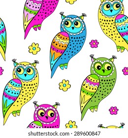 Vector seamless pattern with colored owls 2