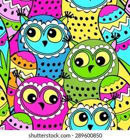 Vector seamless pattern with colored owls