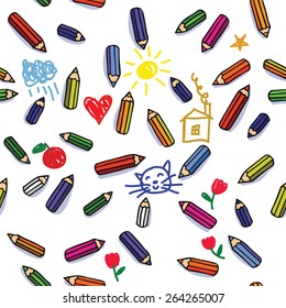 vector seamless pattern with lot of colored pencils and cute childlike doodles
