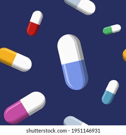 Vector seamless pattern with colored pills, tablets, isolated on dark blue background. Medical preparations. Color illustration.