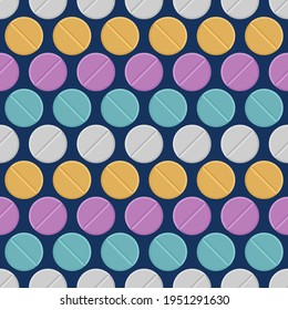 Vector seamless pattern with colored pills, tablets, isolated on dark blue background. Medical preparations. Color illustration.