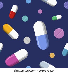 Vector seamless pattern with colored pills, tablets, isolated on dark blue background. Medical preparations. Color illustration.