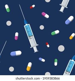 Vector seamless pattern with colored pills, tablets, capsules, medical syringes, isolated on dark blue background. Medical preparations. Color illustration.