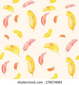 Vector seamless pattern with colored plumes , watercolor drawing feathers, hand drawn vector illustration